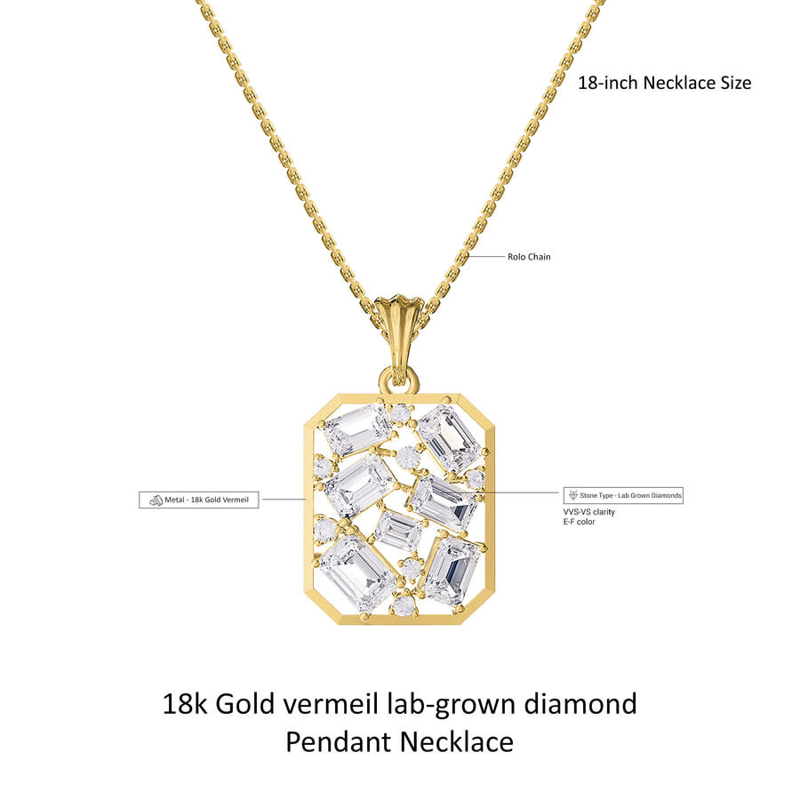 Diamond2deal 18k Vermeil Plated Silver 5 Ct Emerald Cut Lab Grown Diamond Pendant Necklace 18" Vvs-v In Yellow