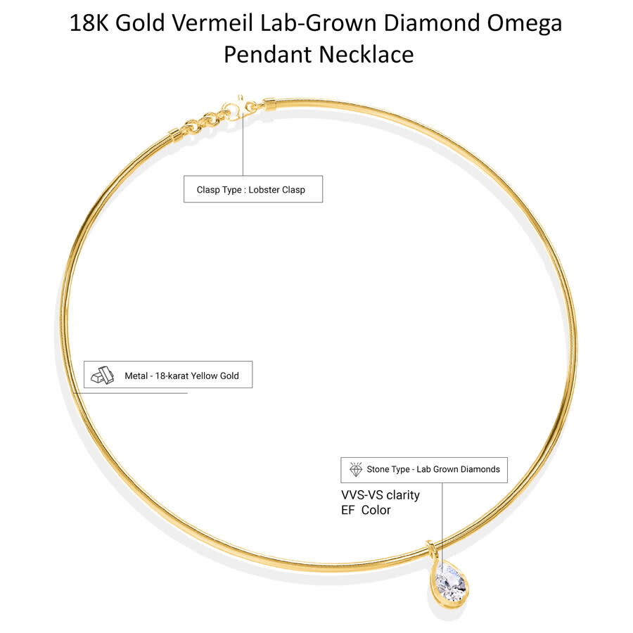 Diamond2deal 18k Vermeil Plated Silver1 Ct Pear Cut Lab Grown Diamond Pendant Necklace 18" Vvs-vs In Yellow