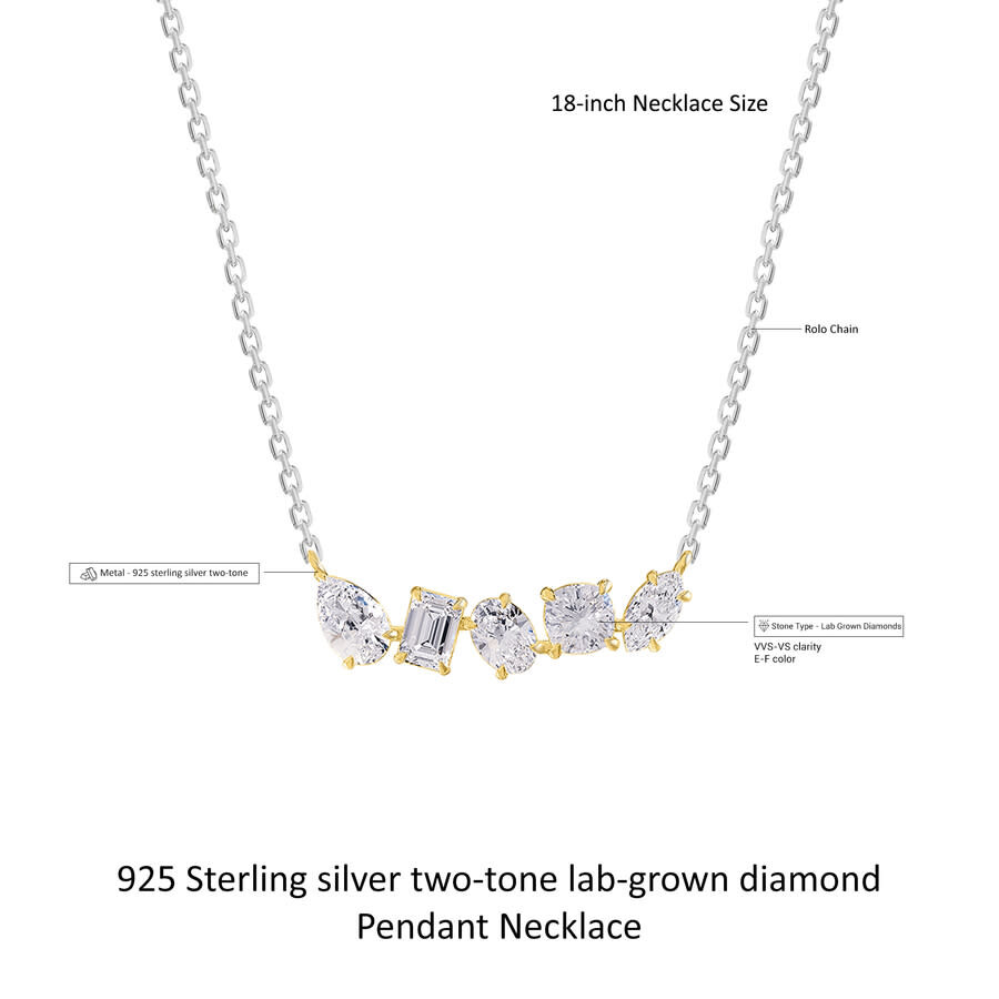 Diamond2deal 14k Two-tone Gold 2 Ct Multi Shape Lab Grown Diamond Pendant Necklace 18" Vvs-vs In Multi