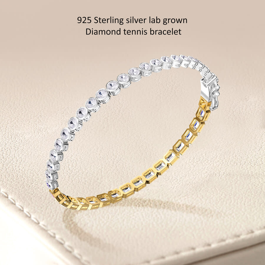 Diamond2deal 925 Sterling Silver Two-tone 6.4 Ct Round & Emerald Cut Lab Grwon Diamond Tennis Bracel In Multi