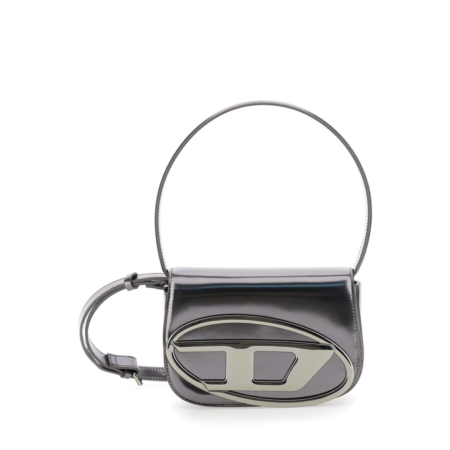 Diesel 1dr Silver-tone Shoulder Bag With Oval D Patch In Lamintaed Leather Woman In Gray
