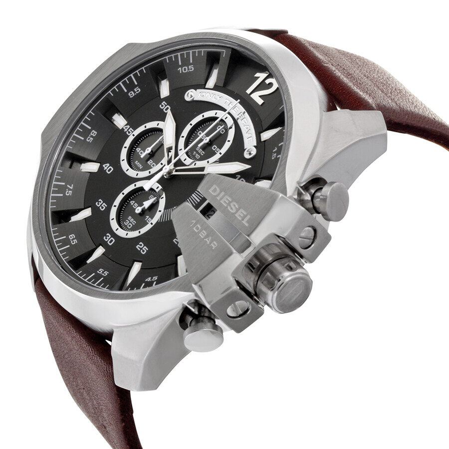 Diesel Mega Chief Chronograph Grey Dial Brown Leather Men's Watch ...