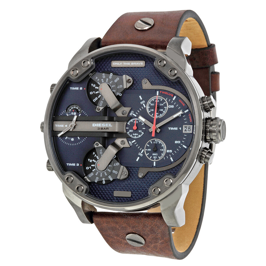 Diesel Mr Daddy Dual Time Chronograph Navy Blue Dial Leather Men's ...