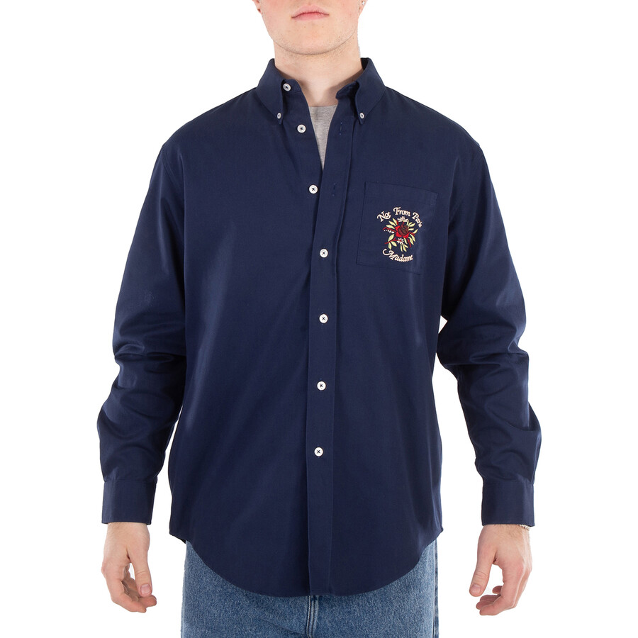 Men's Navy La Chemise Slogan Fleurs Shirt