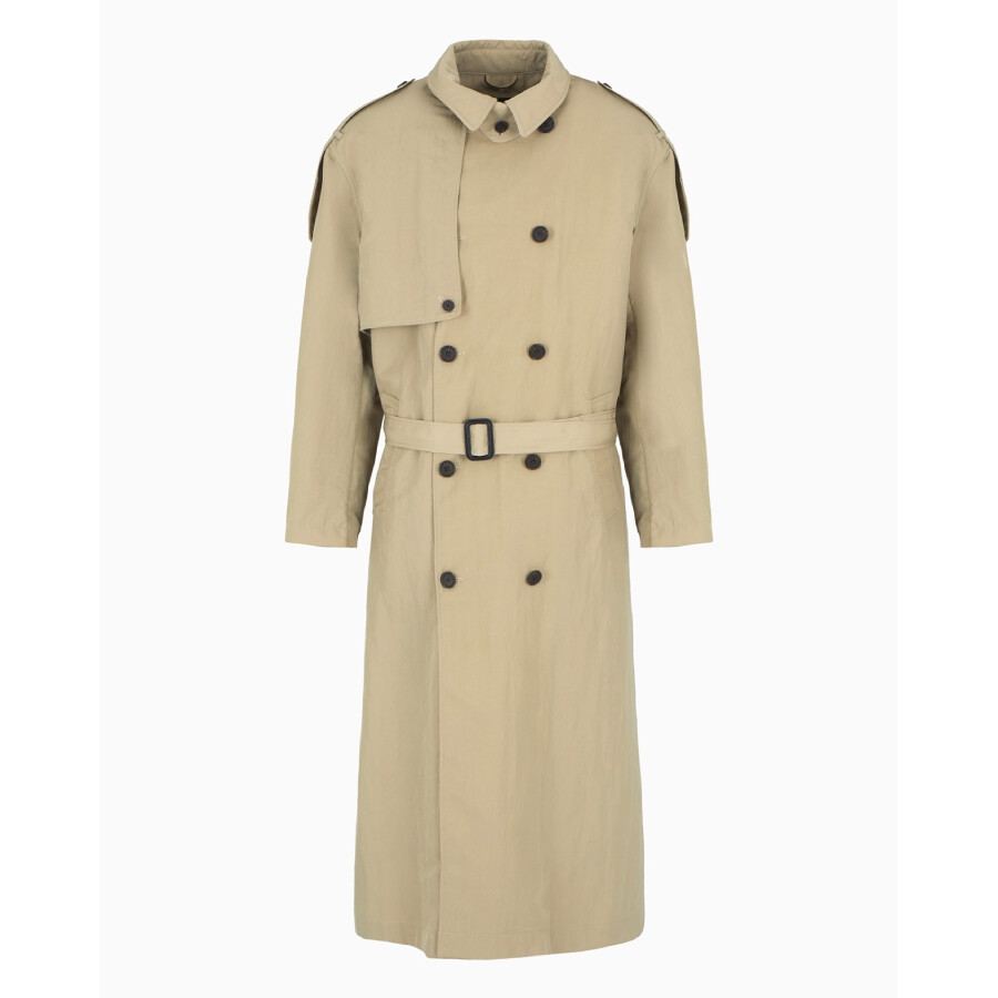 Emporio Armani Double-breasted Trench Coat With Belt In Technical Twill In Yellow