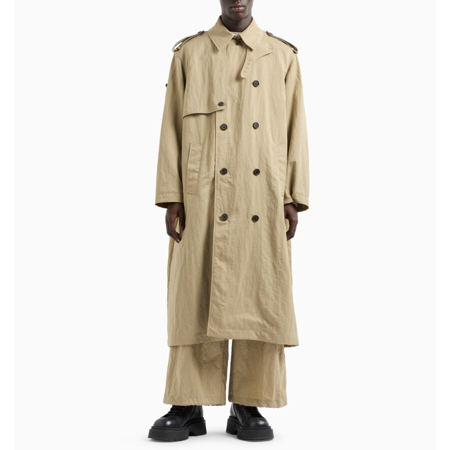 Emporio Armani Double-breasted Trench Coat With Belt In Technical Twill In Yellow