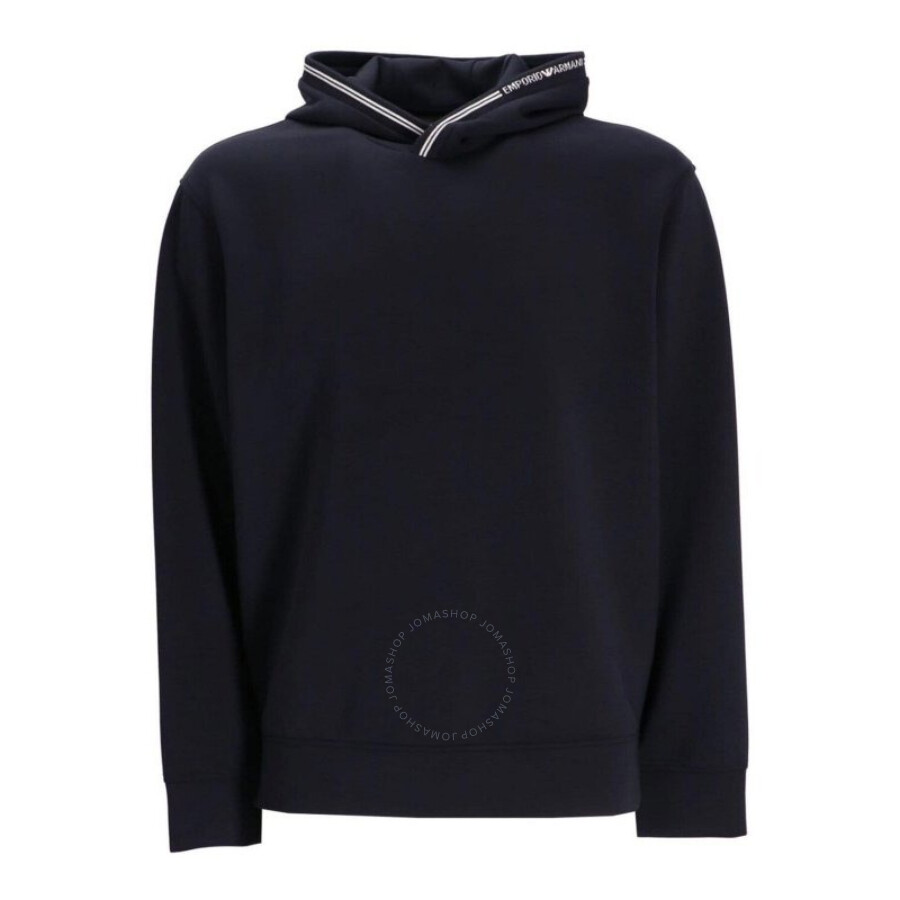 Emporio Armani Logo Rib-knit Trim Hoodie In Blue