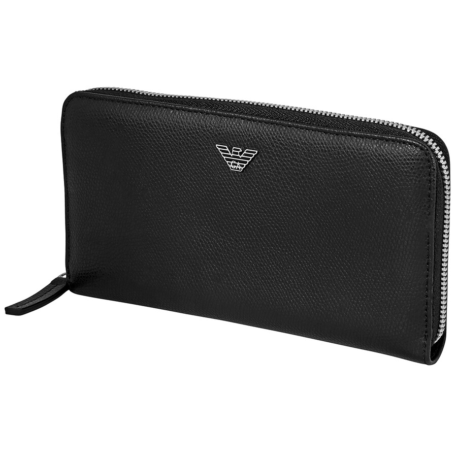 Emporio Armani Men's Soft Saffiano Leather Zip Around Wallet in Black