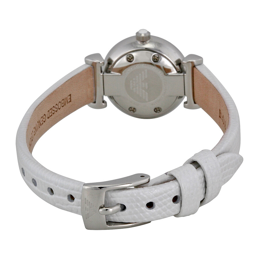 Emporio Armani Retro Silver Dial White Leather Strap Ladies Watch