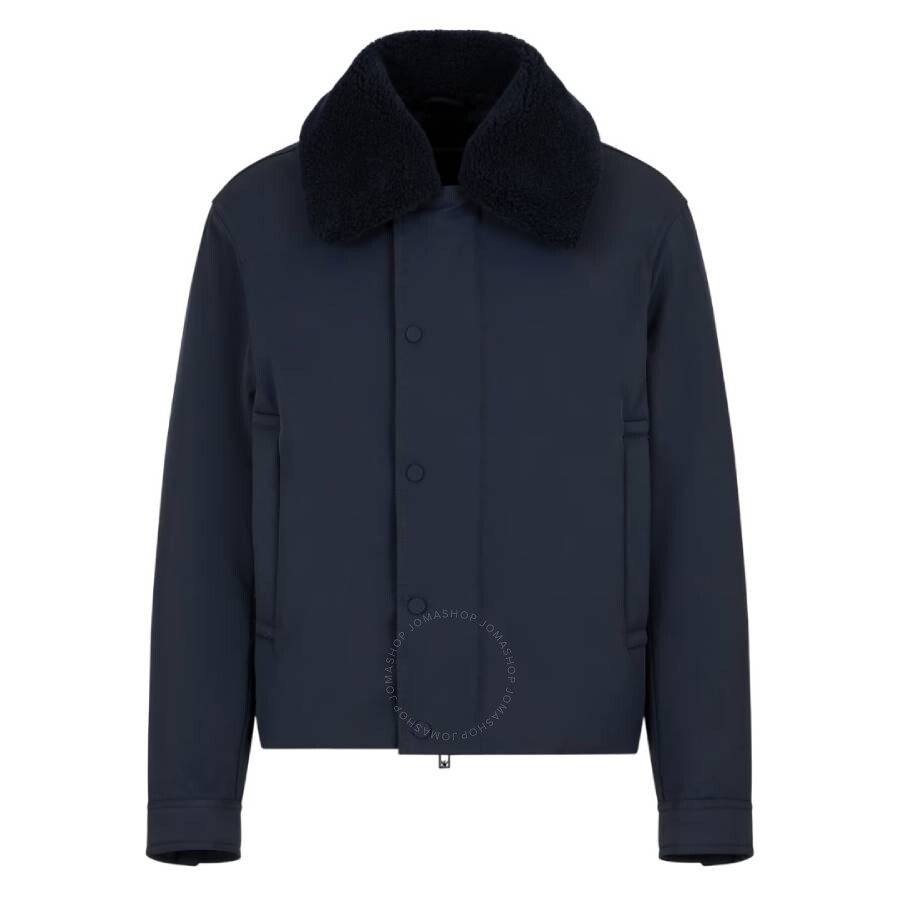 Emporio Armani Shearling Collar Nylon Twill Jacket In Blue