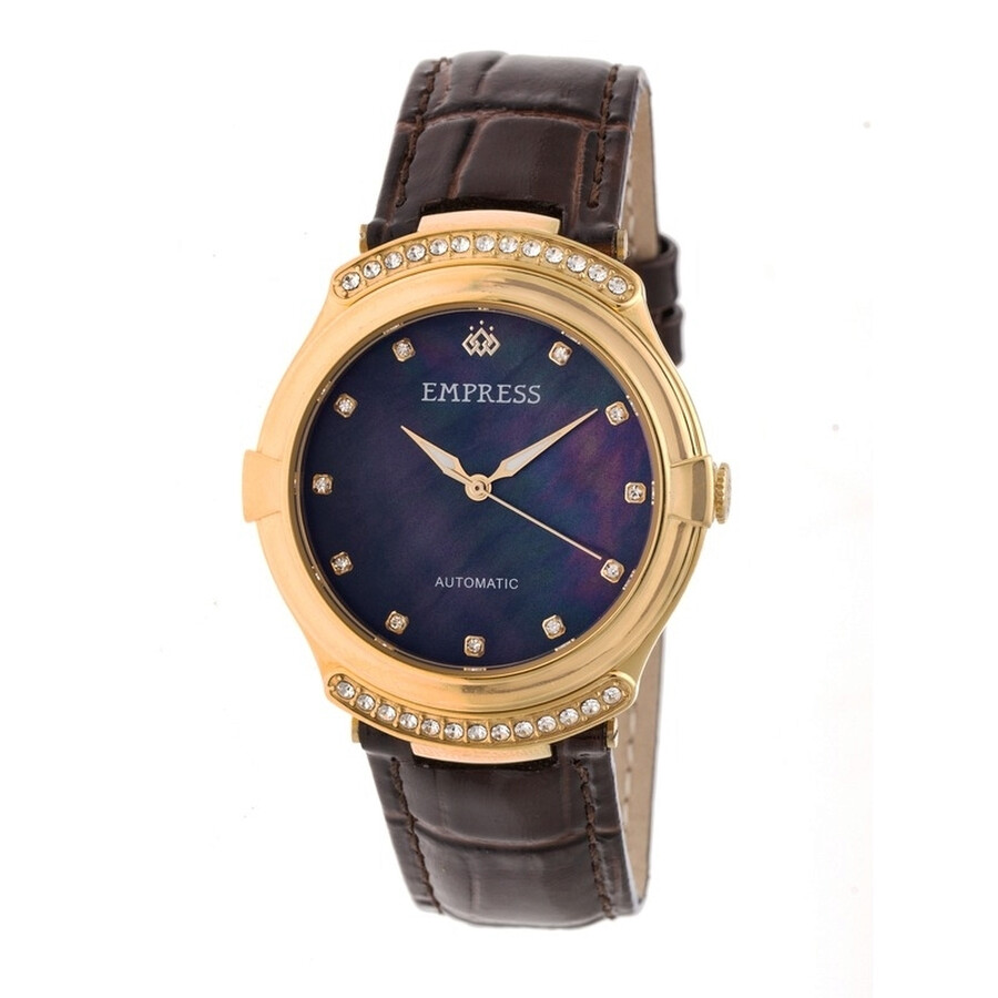 Empress Francesca Black Mother of Pearl Dial Brown Leather Strap
