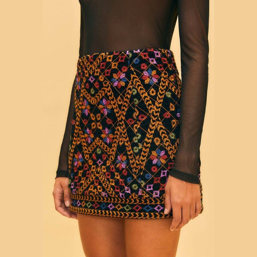 Farm Rio Embroidered Corduroy Mini Skirt In Brown