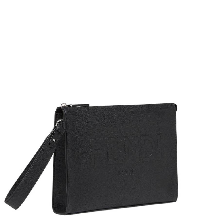 Fendi Embossed Logo Zipper Leather Clutch In Black