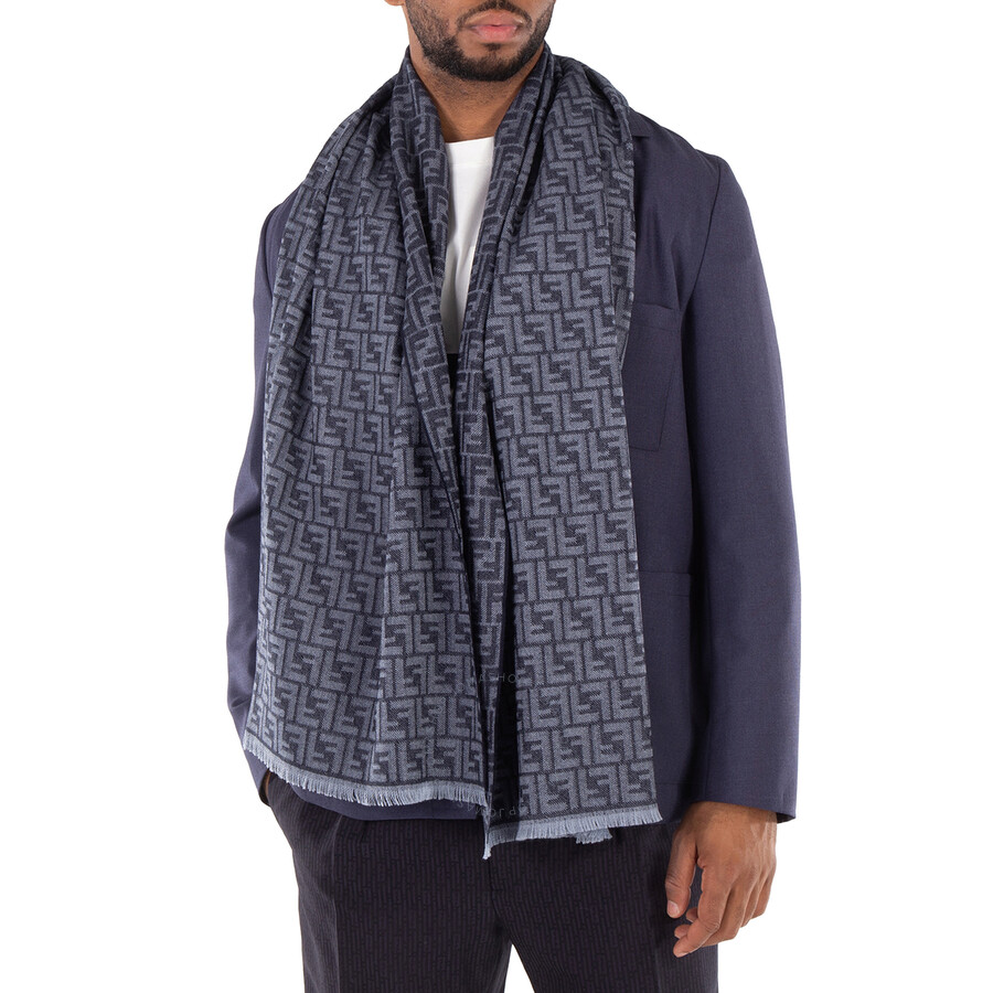 ボレロ・ショール FENDI Blue FF jacquard wool stole NWT FENDI Blue/Black Jacquard Stole FF Logo Wool/Silk Scarf