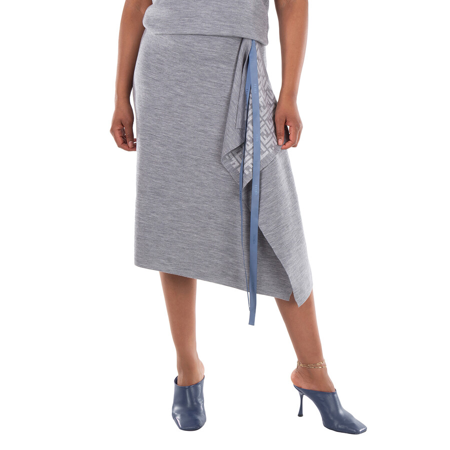 FENDI｜SKIRTS (FZQ706 ANER F0TAZ) Fendi Logo Pattern Midi Drape Wool Skirt, Brand Size 42 (US