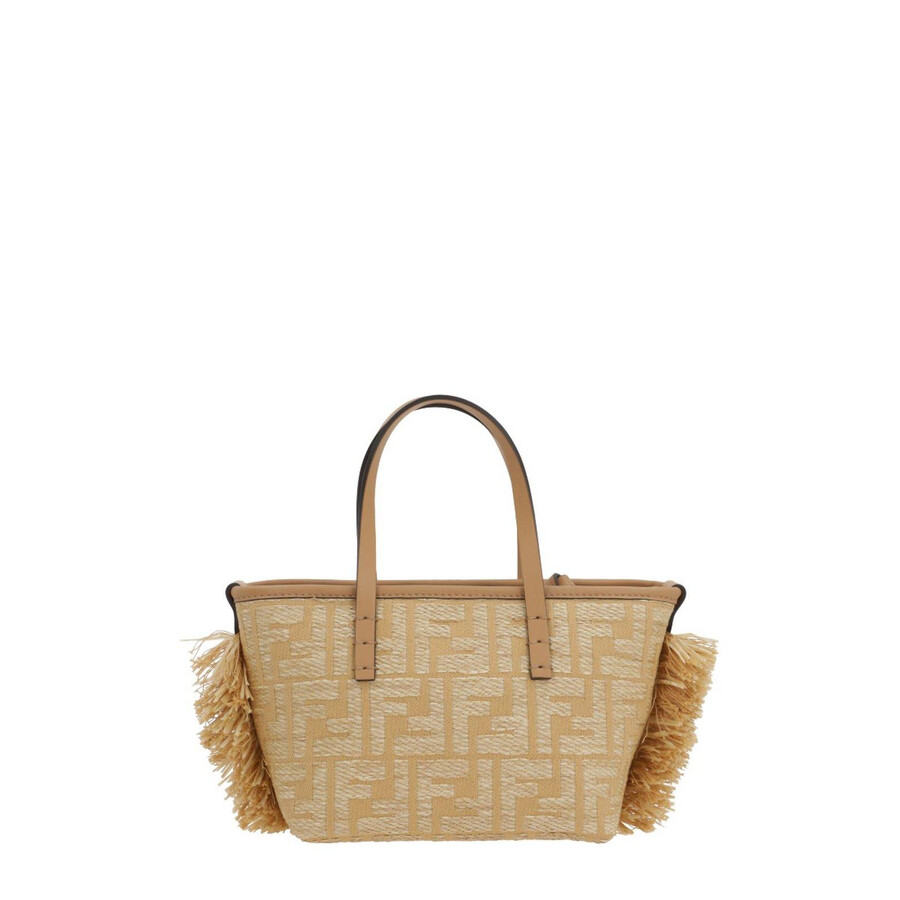 Fendi Mini Roll Ff Jacquard Fringed Tote Bag In Sand