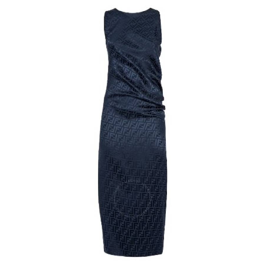 Fendi Silk Crepe Jacquard Ff Motif Drape Dress In Blue