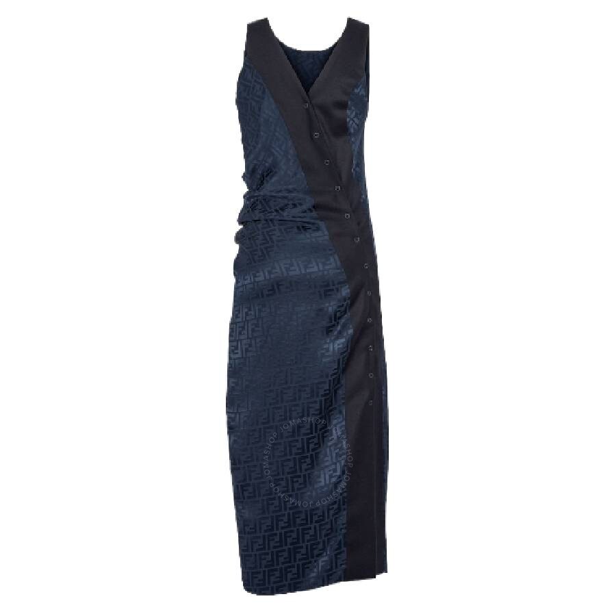 Fendi Silk Crepe Jacquard Ff Motif Drape Dress In Blue