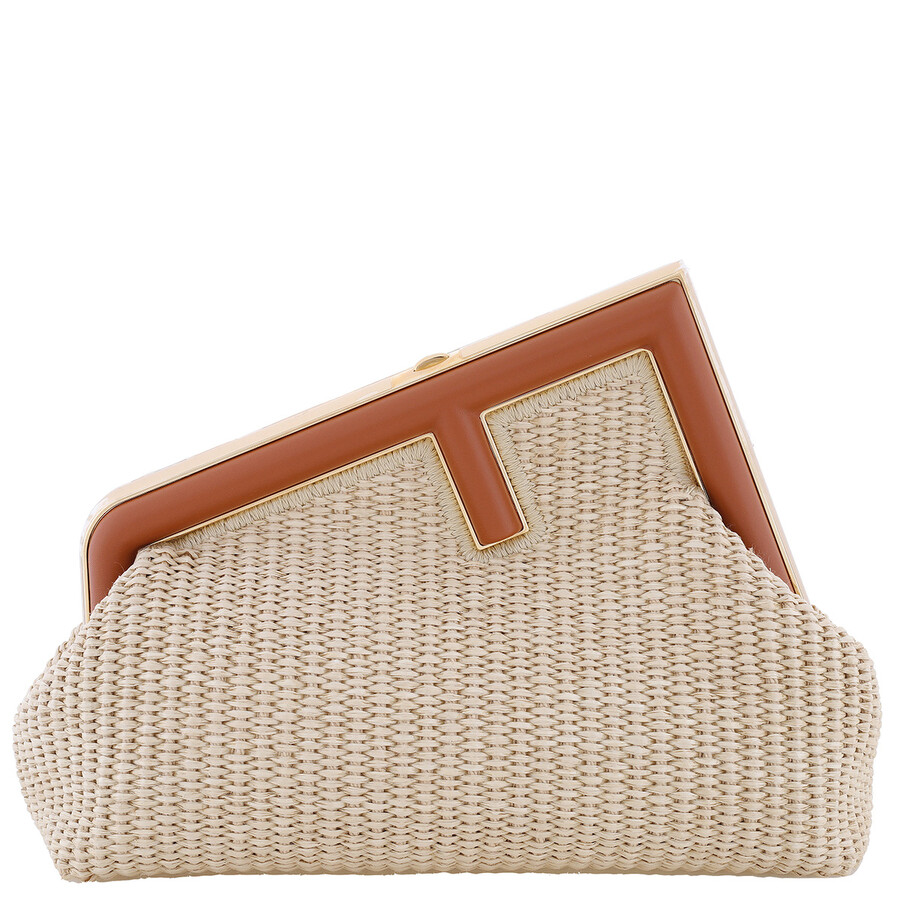 Fendi Texture Weave Straw Bag In Gold Tone