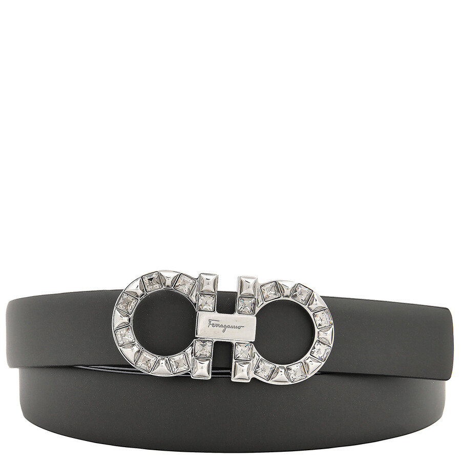 Ferragamo Adjustable Reversible Gancini Cystal Belt In Grey
