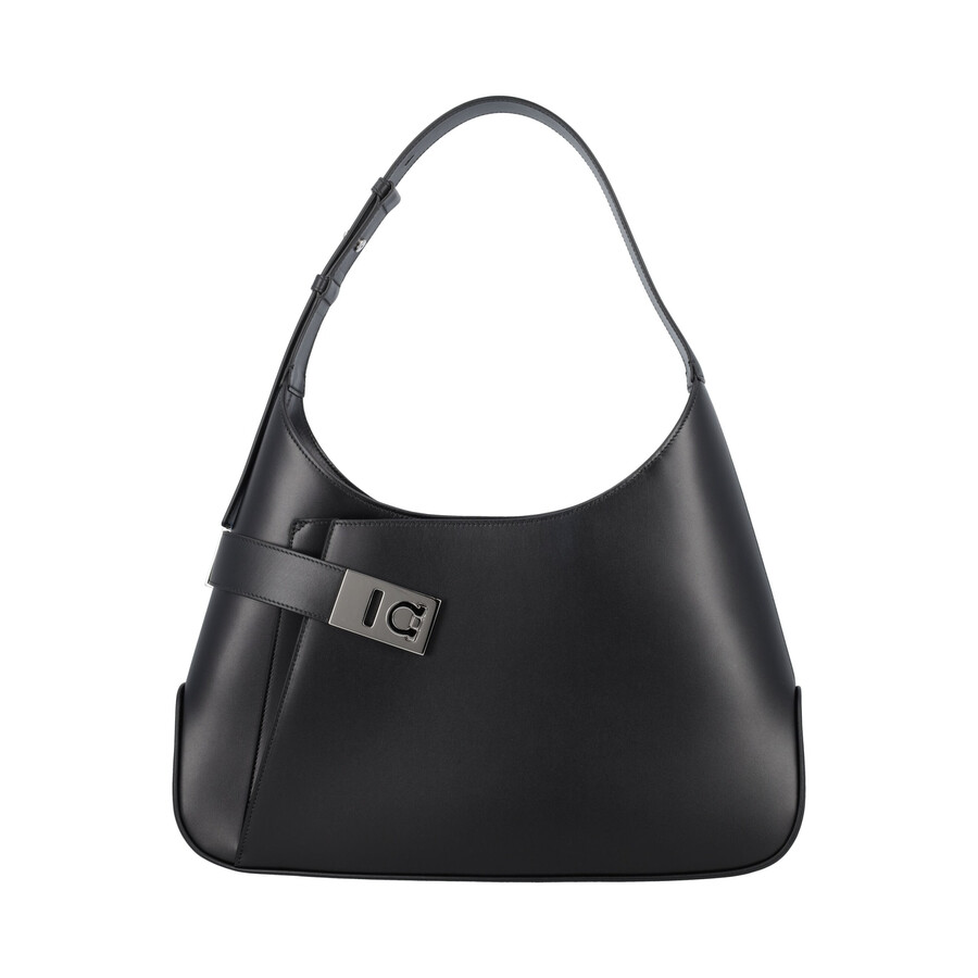 Ferragamo Hobo Gancini-buckle Shoulder Bag In Black
