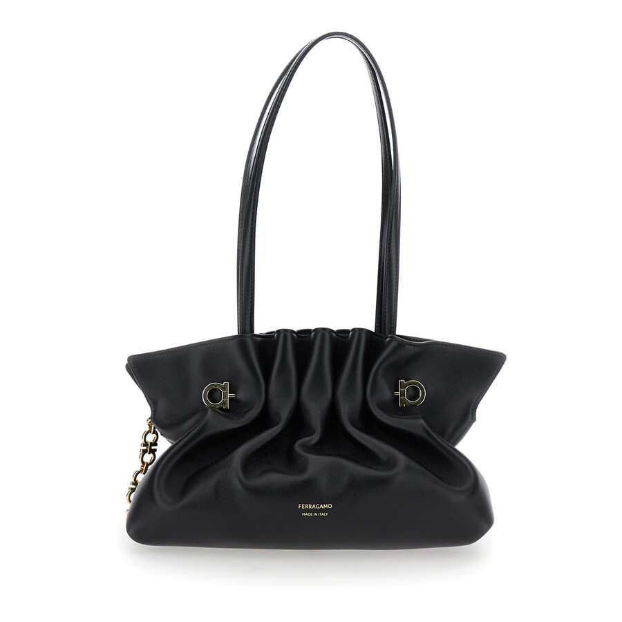 Ferragamo Black Crossbody Bag With Embossed Logo Lettering On The Front And Gancini In Leather Woman In Multi