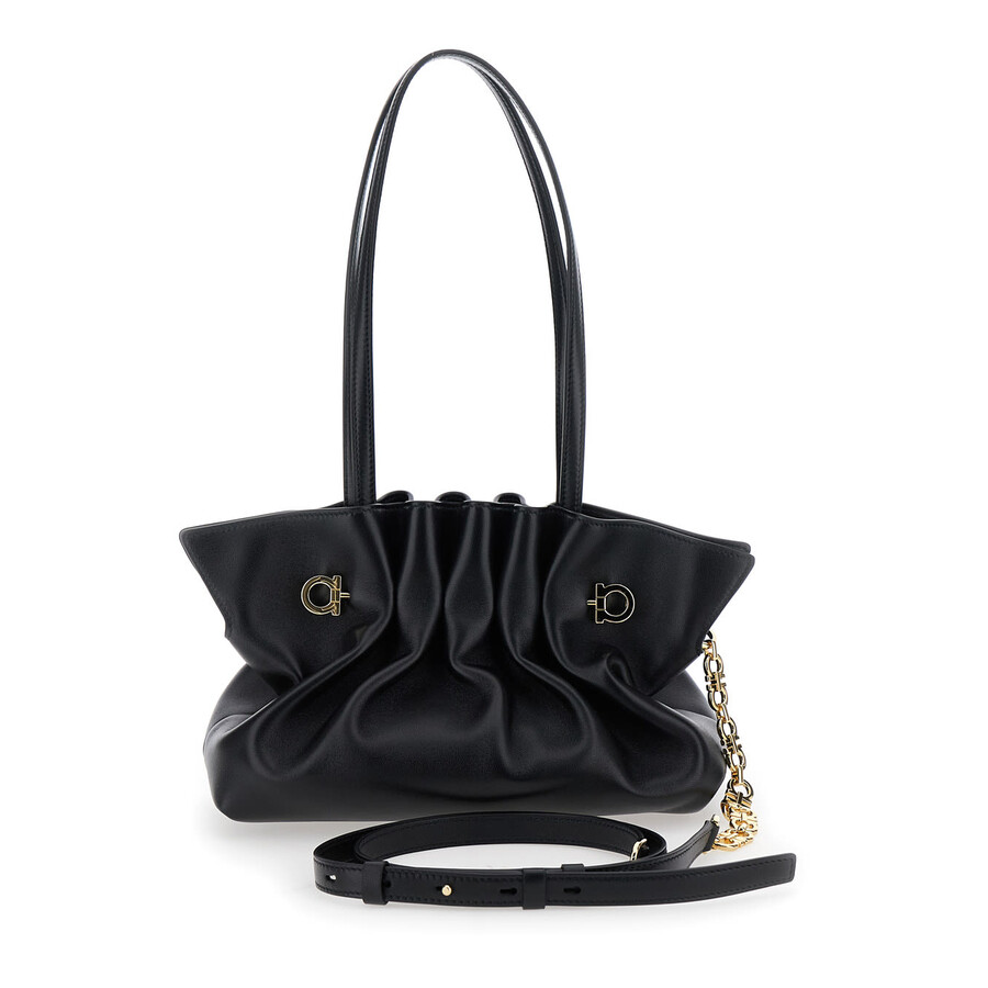 Ferragamo Black Crossbody Bag With Embossed Logo Lettering On The Front And Gancini In Leather Woman In Multi