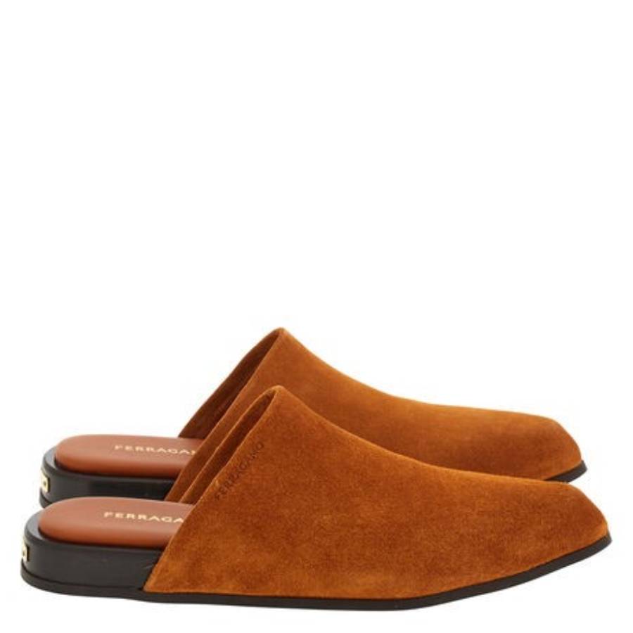 Ferragamo Cognac Nycole Suede Mules In Orange