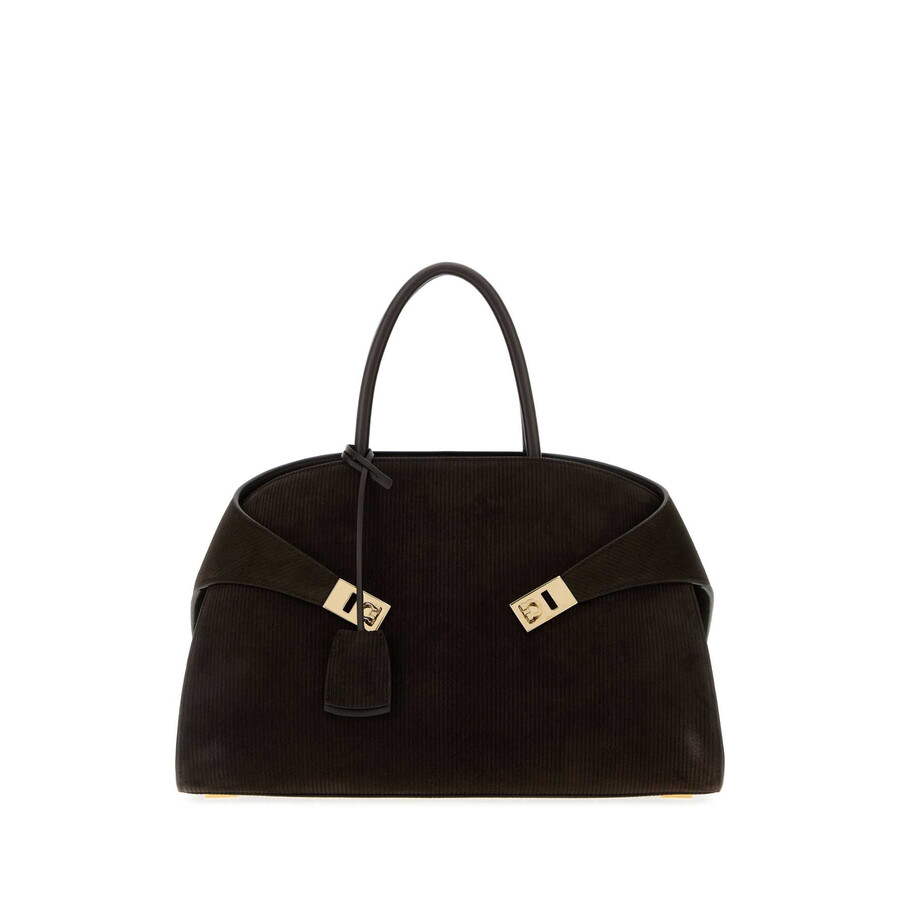 Ferragamo Dark Brown Suede Medium Hug Handbag In Black