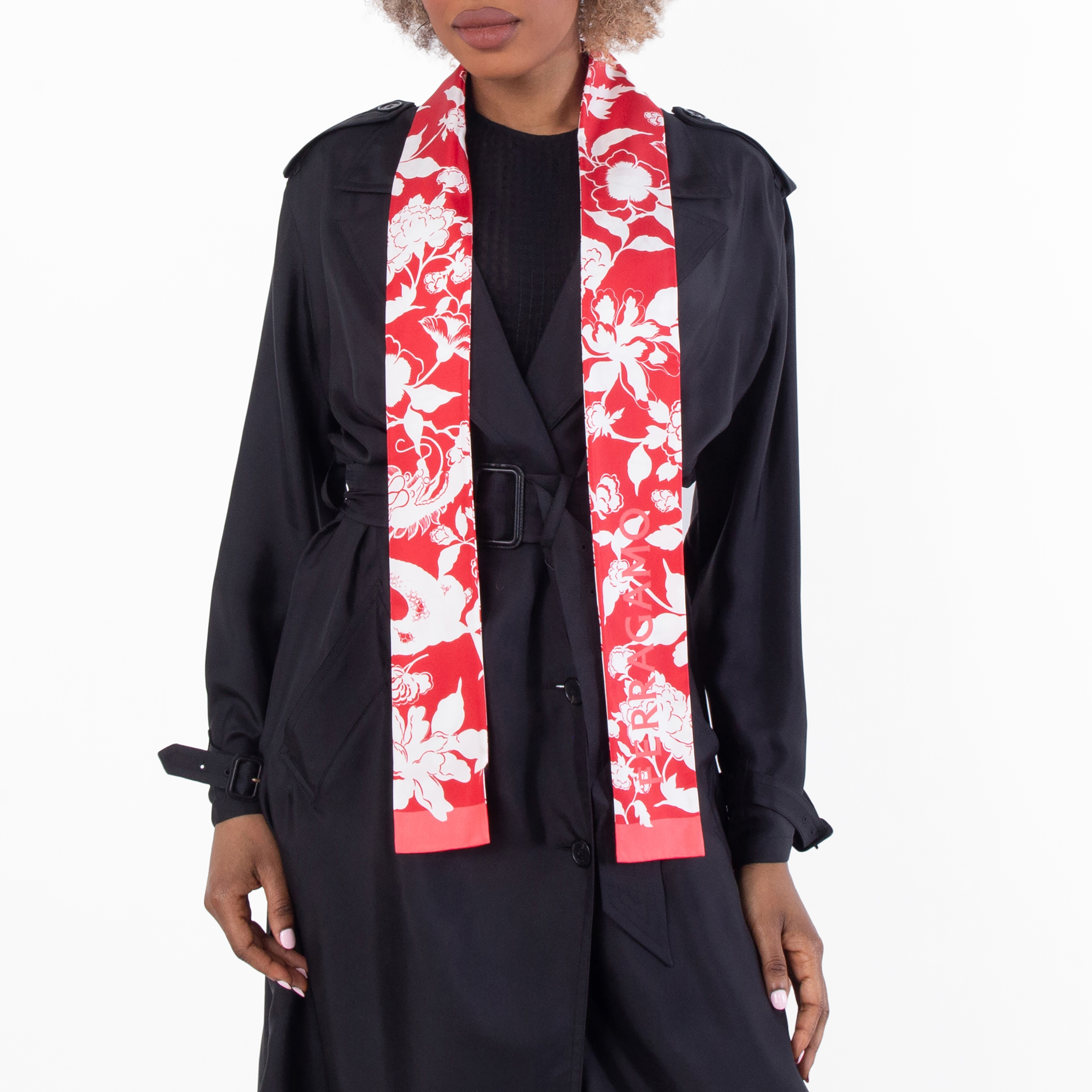FERRAGAMO ドラゴン、花柄 スカーフ 90×90サイズ⑥ Ferragamo Dragon Print Narrow Strap Silk Headband 320853 771972