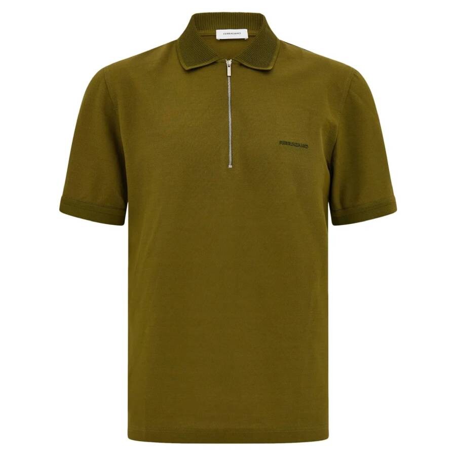 Ferragamo Embroidered Logo Zip Collar Polo In Green