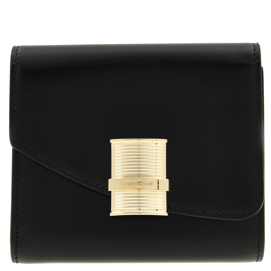 Ferragamo Fiamma Leather Compact Wallet In Black
