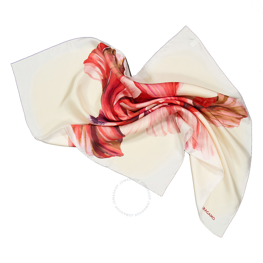 Ferragamo Floral Iris Print Silk Scarf In Beige