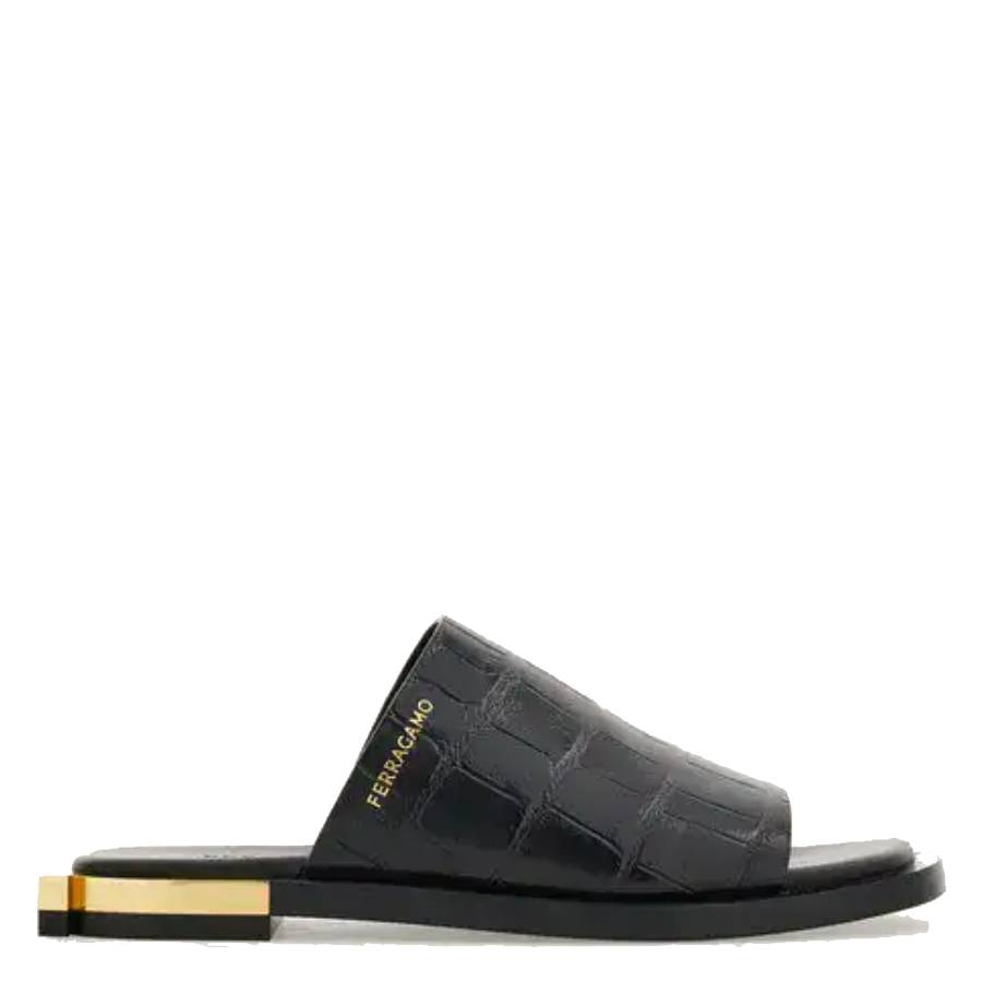 Ferragamo Gancini Heel Aline Leather Slides In Black