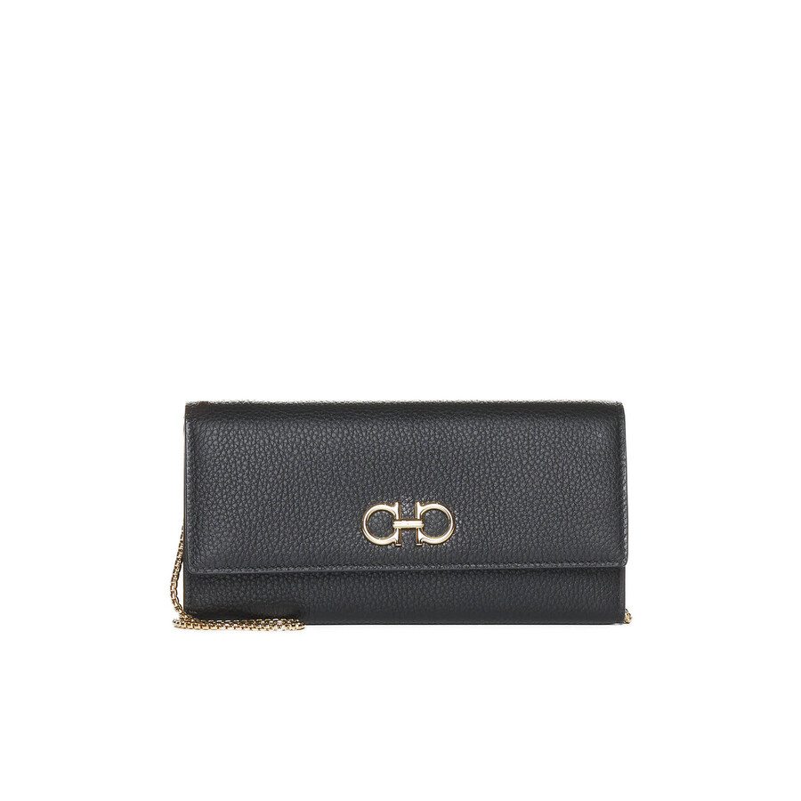 Ferragamo Gancino Soft Leather Wallet On Chain In Black
