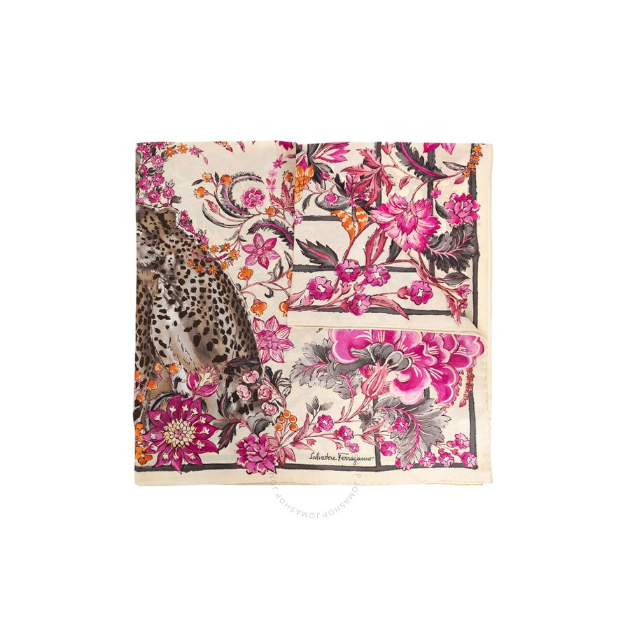 Ferragamo Giaguari Print Graphic Print Silk Scarf In White