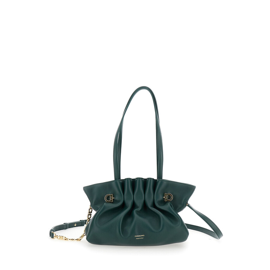 Ferragamo Green Shoulder Bag With Embossed Logo Lettering On The Front And Gancini In Leather In Green