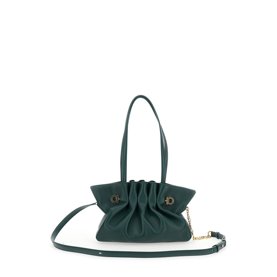 Ferragamo Green Shoulder Bag With Embossed Logo Lettering On The Front And Gancini In Leather In Green