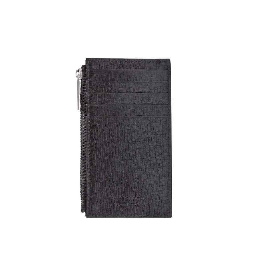 Ferragamo Hammered Calfskin Credit Card Holder In Black