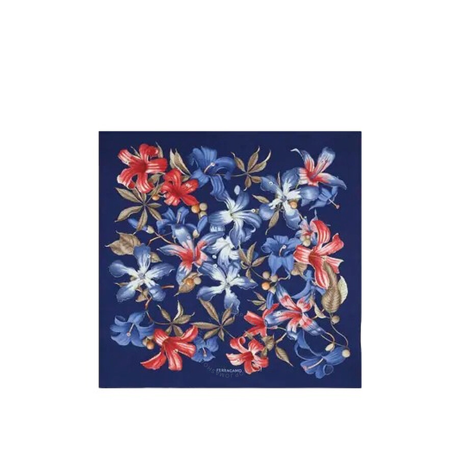 Ferragamo Hibiscus Print Silk Foulard In Blue
