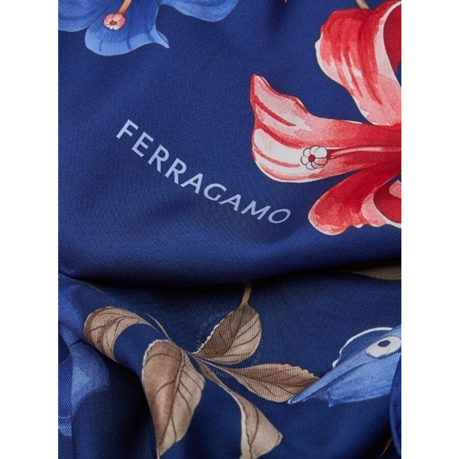 Ferragamo Hibiscus Print Silk Foulard In Blue