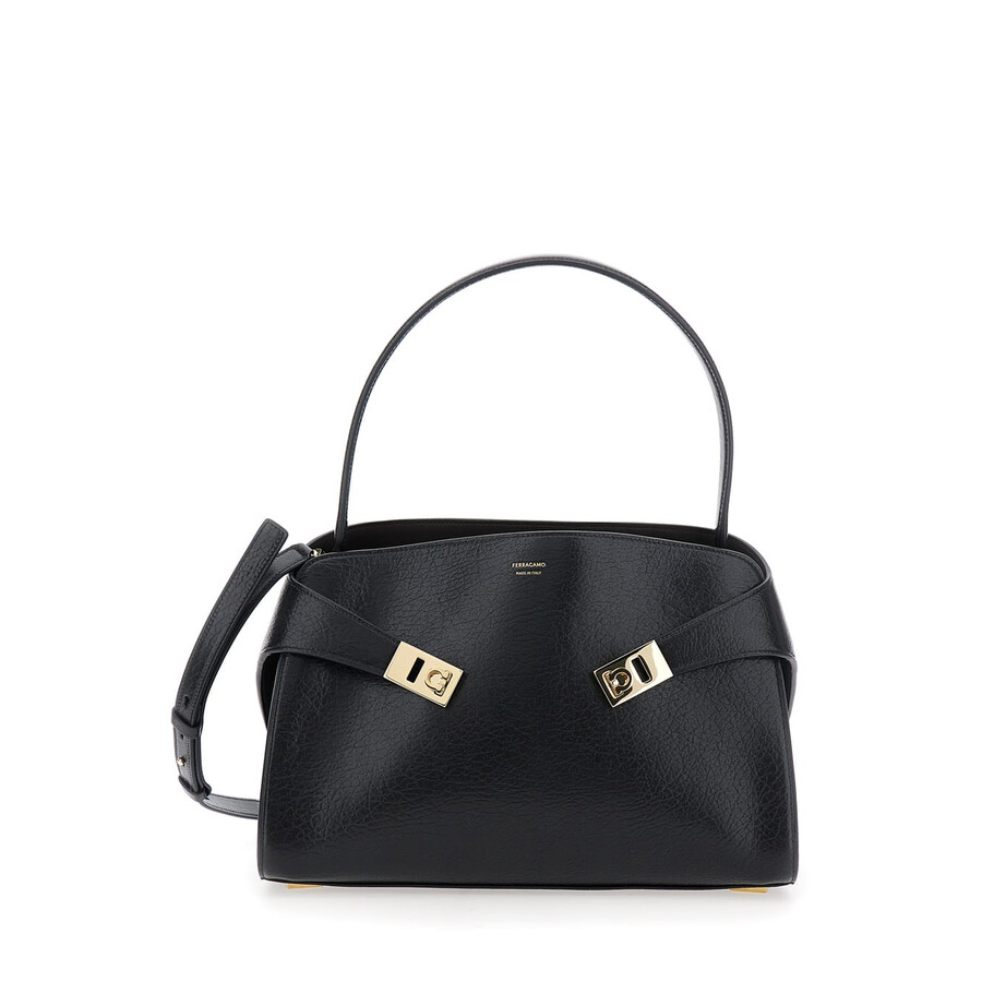 Ferragamo Hug Black Shoulder Bag With Logo Print On The Front In Leather Woman
