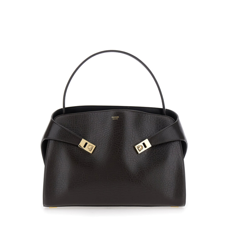 Ferragamo Hug Brown Shoulder Bag With Logo Printed On Front In Grained Leather Woman