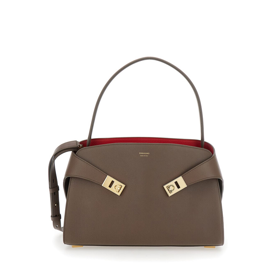 Ferragamo Hug Grey Shoulder Bag With Logo Printed On Front In Leather Woman In Brown