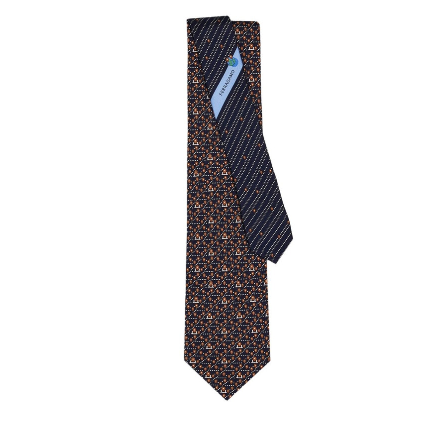 Ferragamo Label Printed Silk Tie In Blue