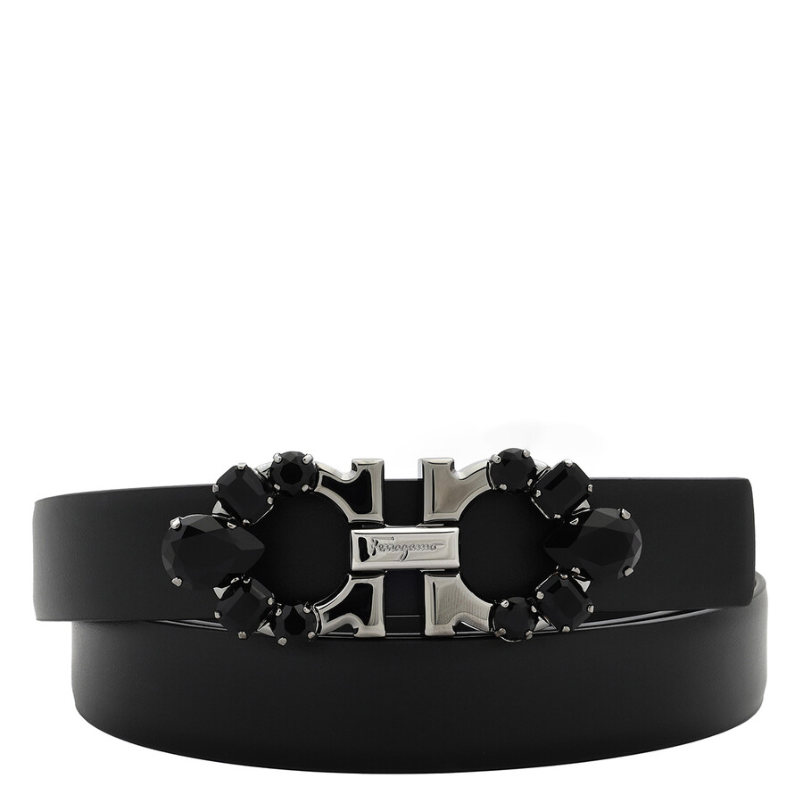 Ferragamo Reversible Gancini Belt With Crystal Trim In Black