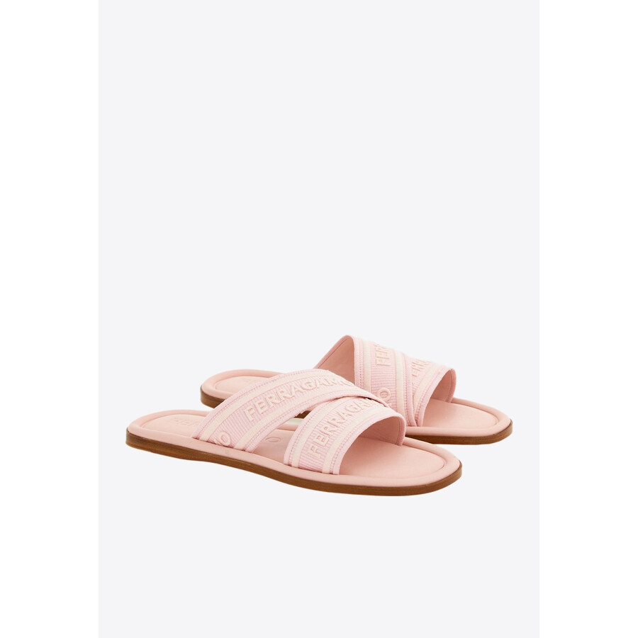 Ferragamo Logo-jacquard Crossover-strap Slides In Pink