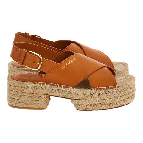 Ferragamo Leather Platform Espadrille Sandals In Brown