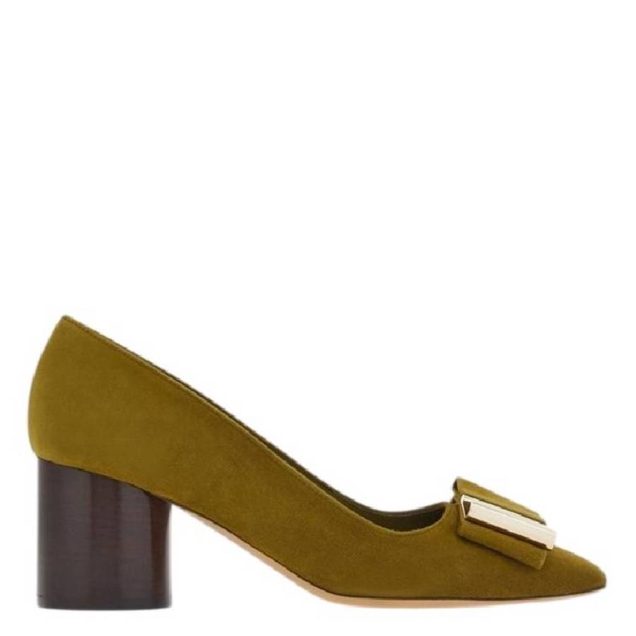 Ferragamo Lena Bow Suede Pumps In Yellow