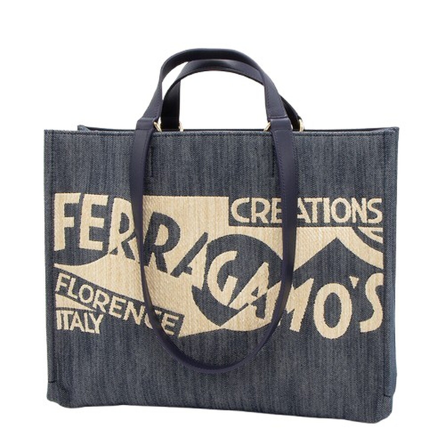 Ferragamo Medium Venna Logo-embroidered Tote Bag In Blue